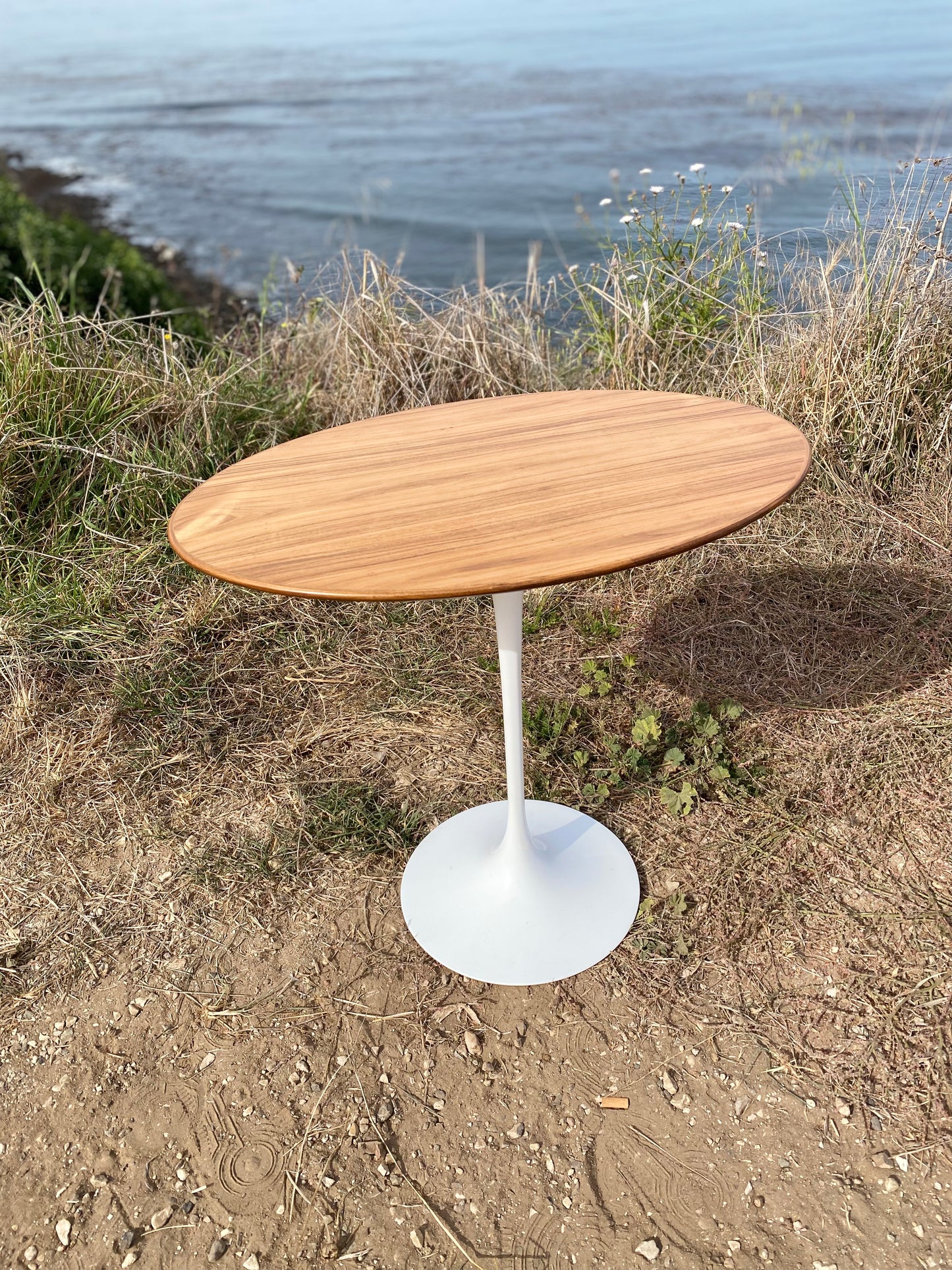 Knoll Eero Saarinen Oval Side Table w/ Teak Top & White Tulip Base