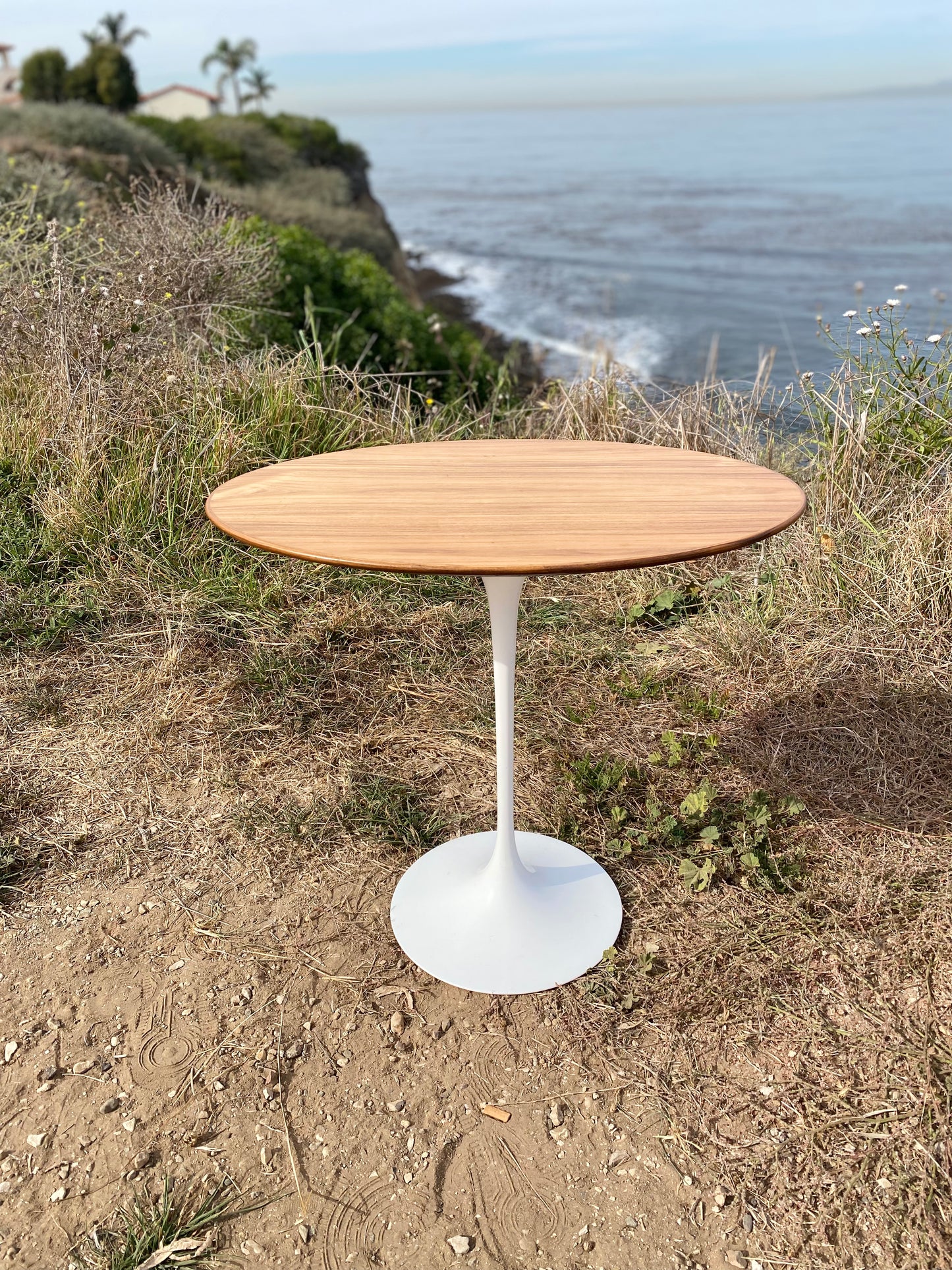 Knoll Eero Saarinen Oval Side Table w/ Teak Top & White Tulip Base